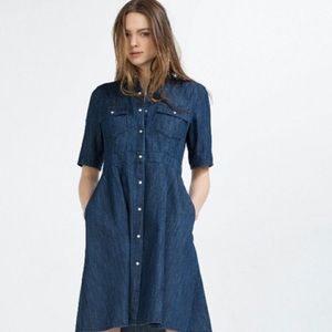ZARA Basic Denim Indigo Button Down Flared Dress L